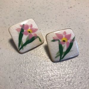Pierced Ceramic Floral Earrings, Cream background w/Pink & Green Floral design